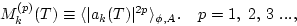 \begin{displaymath}M^{(p)}_k(T)\equiv \langle \vert a_k(T)\vert^{2p}\rangle_{\phi,A}.  \
p=1, 2,   3 ..., \end{displaymath}