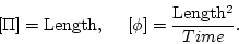 \begin{displaymath}[\Pi]={\rm Length}, \ \ \ \ [\phi]=\frac{\rm
Length^2}{Time}.\end{displaymath}