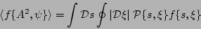 \begin{displaymath}\langle f\{A^2, \psi \} \rangle =
\int {\cal D}s \oint
\vert{\cal D} \xi\vert \; {\cal P} \{s, \xi \} f\{s, \xi \}
\end{displaymath}
