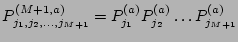 $P^{(M+1,a)}_{j_1, j_2, \dots, j_{M+1}} =
P^{(a)}_{j_1} P^{(a)}_{j_2} \dots P^{(a)}_{j_{M+1}}
$