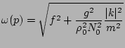 $\displaystyle \omega(\bldp) = \sqrt{f^2 + \frac{g^2}{\rho_0^2 N_0^2}
\frac{\vert\bldk\vert^2}{m^2}} $