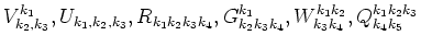$V^{k_1}_{k_2,k_3}, U_{k_1,k_2,k_3},R_{k_1 k_2 k_3 k_4},
G^{k_1}_{k_2 k_3 k_4}, W^{k_1 k_2}_{k_3 k_4}, Q^{k_1 k_2 k_3}_{k_4 k_5}$