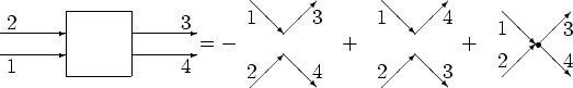 \begin{picture}(54,6)(10,8)
\put(0,2){\vector(1,0){6}}
\put(0,4){\vector(1,0){6}...
...
\put(52,4.4){\makebox(0,0){$3$}}
\put(52,1.5){\makebox(0,0){$4$}}
\end{picture}